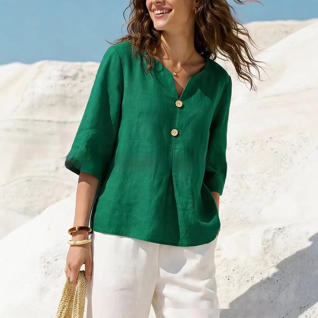 V-Neck Baumwoll-Leinen Bluse für Damen – Bild 3 | LuxeStyle