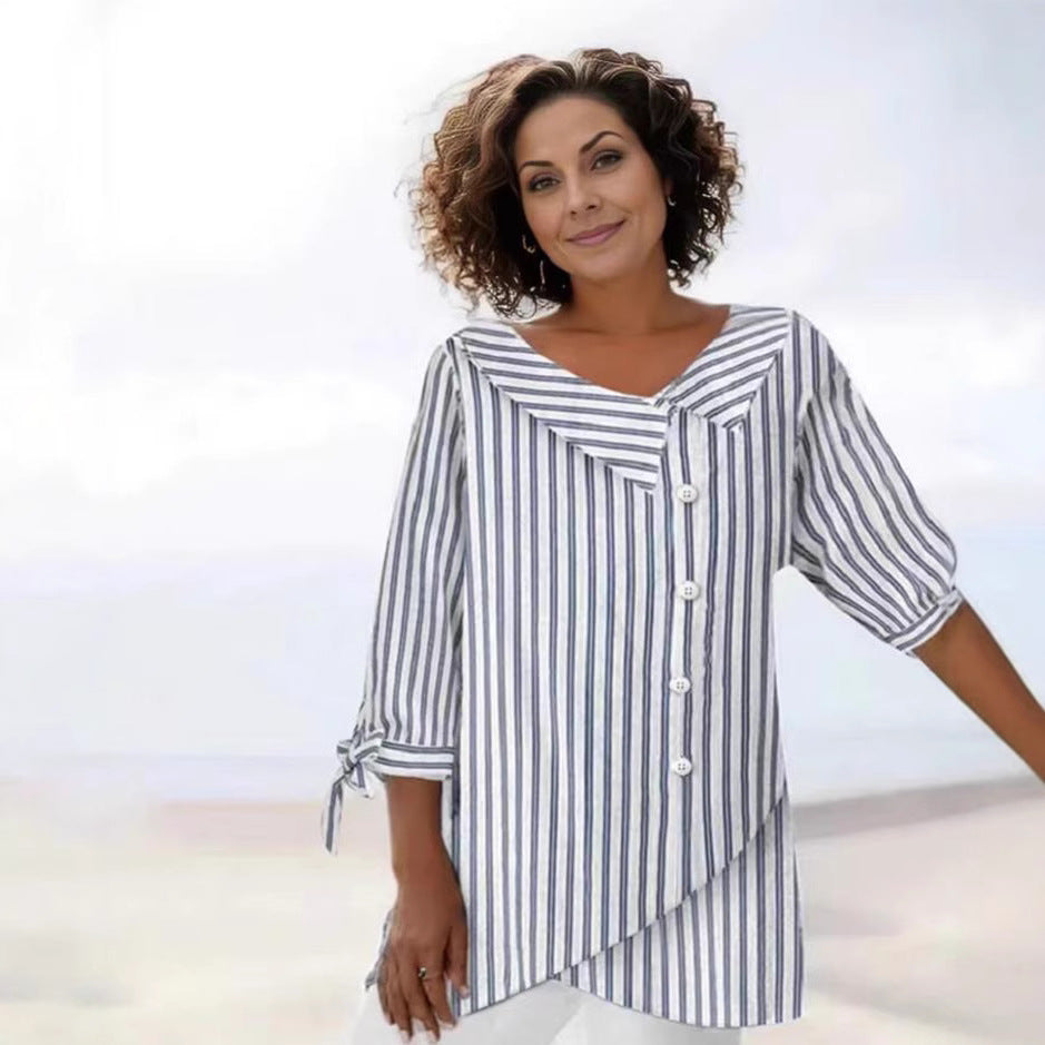Gestreiftes V-Neck Top für Damen