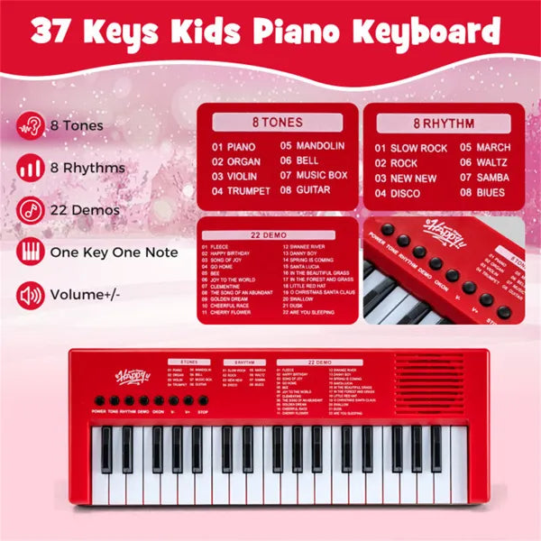 Rotes Kinder Keyboard mit Mikrofon, 37 Tasten