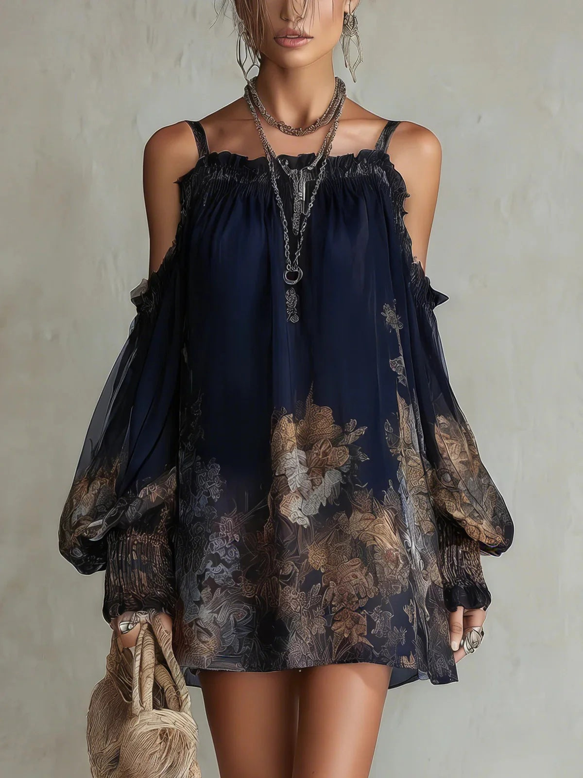 Boho-Minikleid mit Print und Volants