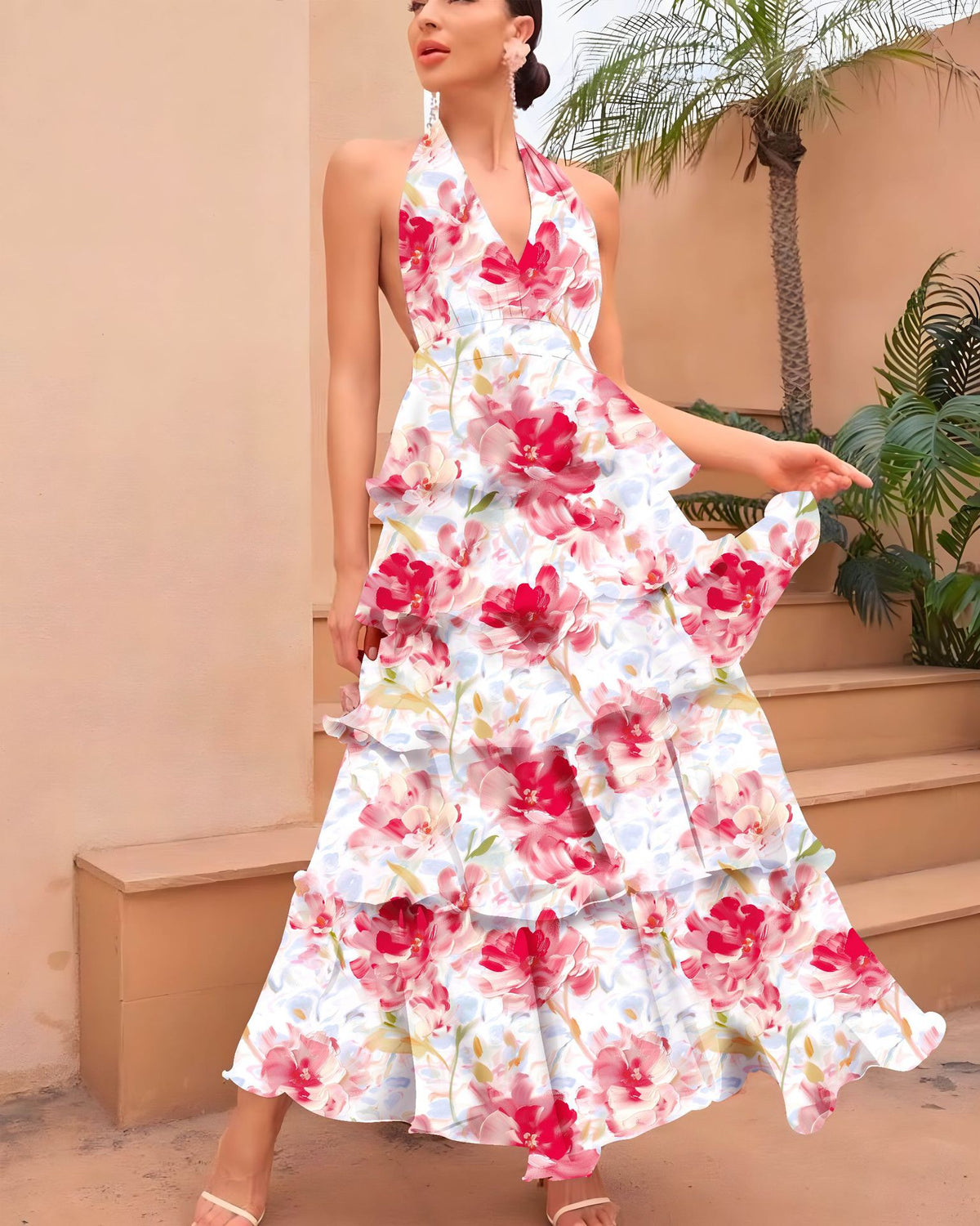 Damen V-Ausschnitt Träger Mehrlagiges Bedrucktes Kleid – Bild 8 | LuxeStyle