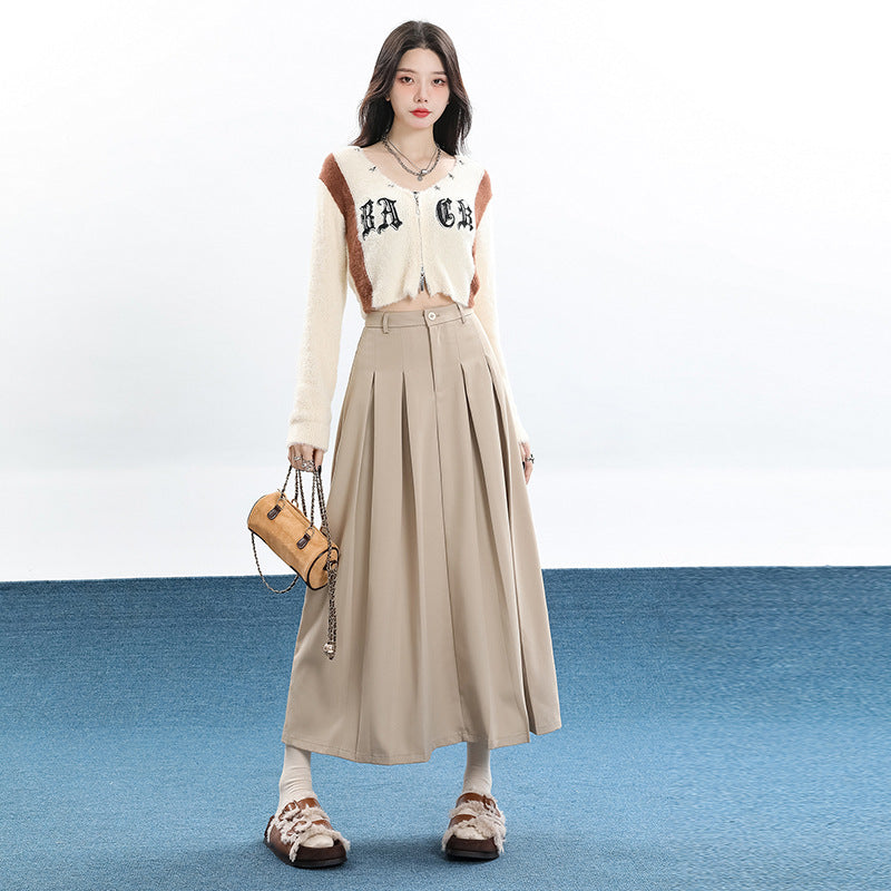 Khaki High-Waist Plissée-Midi-Jupe