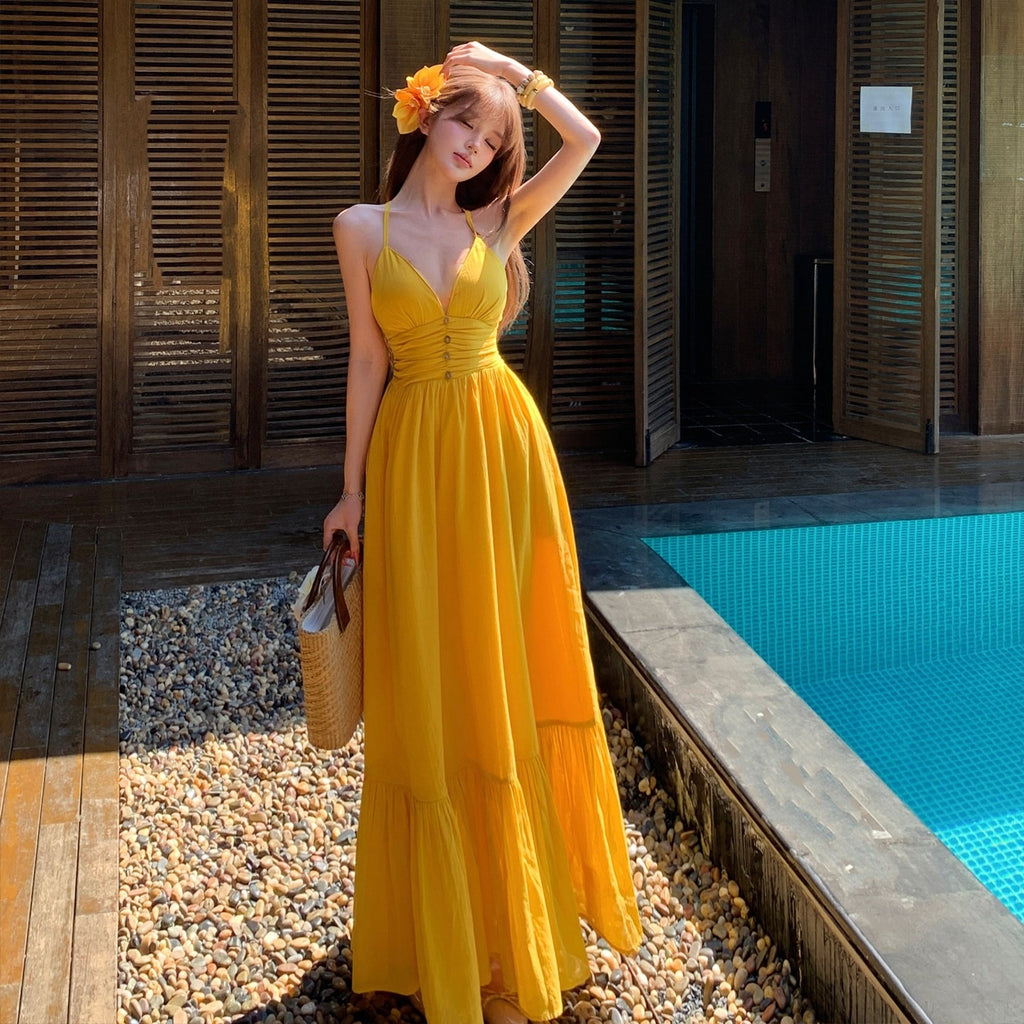 Gelbes V-Ausschnitt Trägerkleid für den Urlaub
