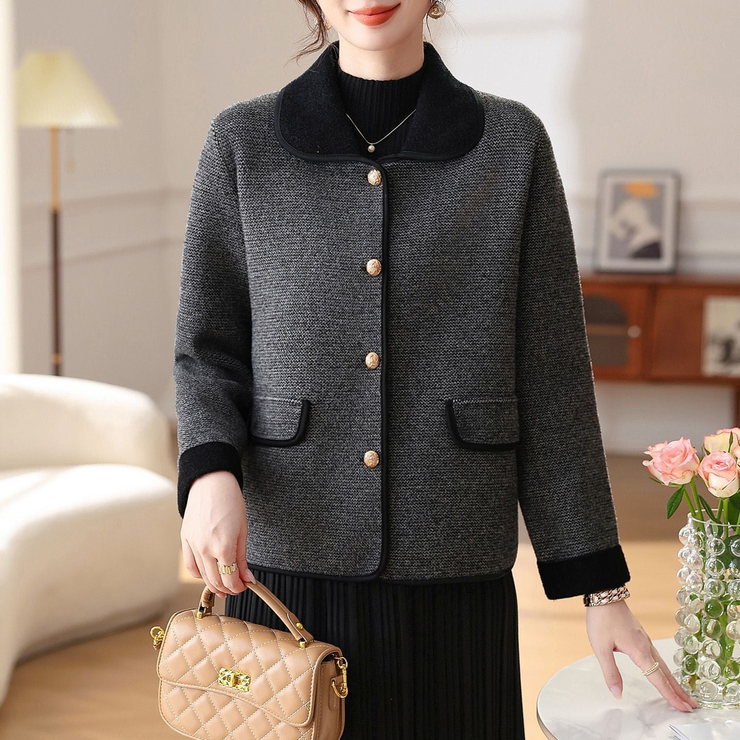 Polo-Strickpullover mit Denim-Einsatz