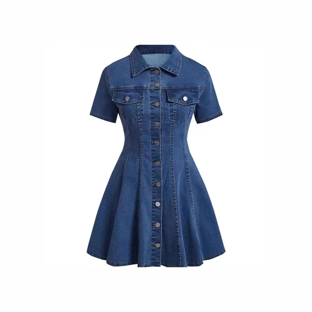 Denim-Kleid mit kurzen Ärmeln und Taillengürtel