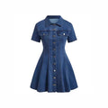 Denim-Kleid mit kurzen Ärmeln und Taillengürtel – Ansicht 3