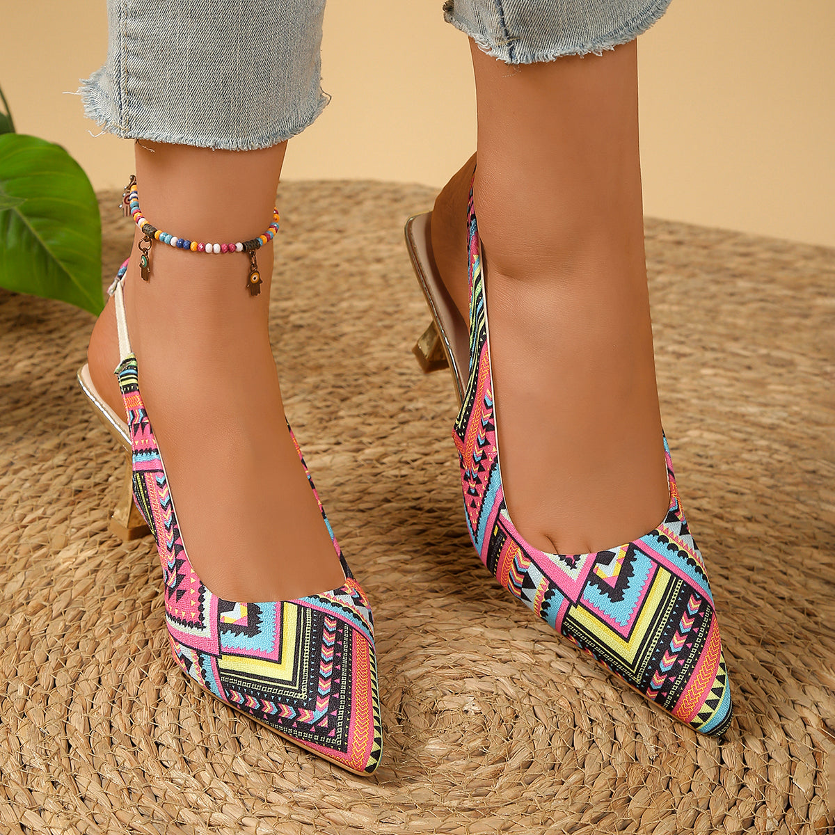 Boho Slingback Stiletto Sandalen mit Ethno-Muster