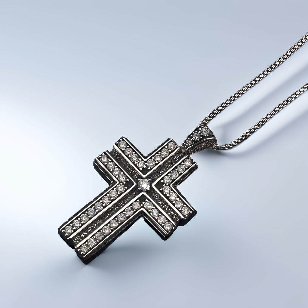 Doppellagige Kreuzkette mit Zirkonia, Antik-Schwarz