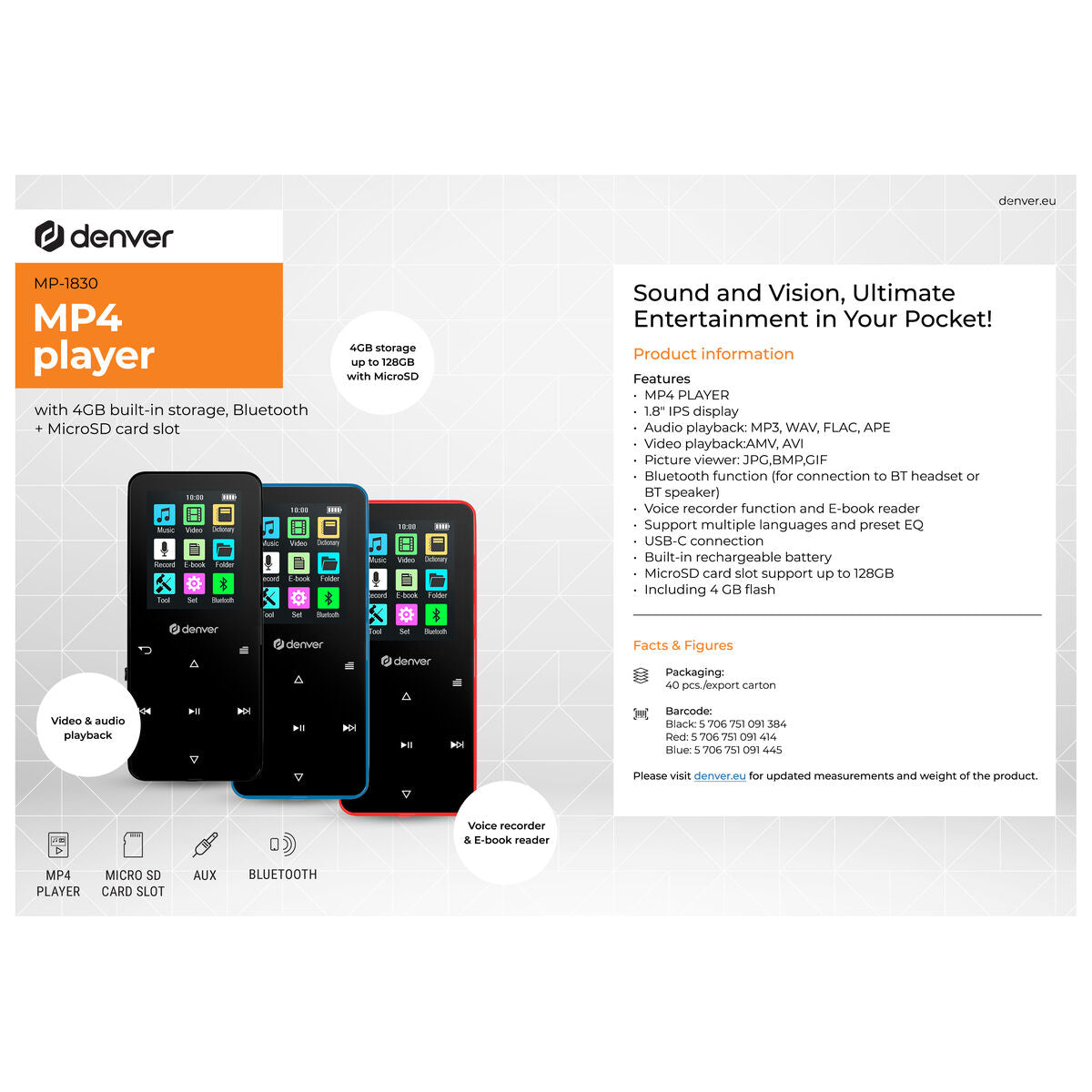 MP4 Player Denver Electronics MP-1830BU 1,8" Bluetooth Blau