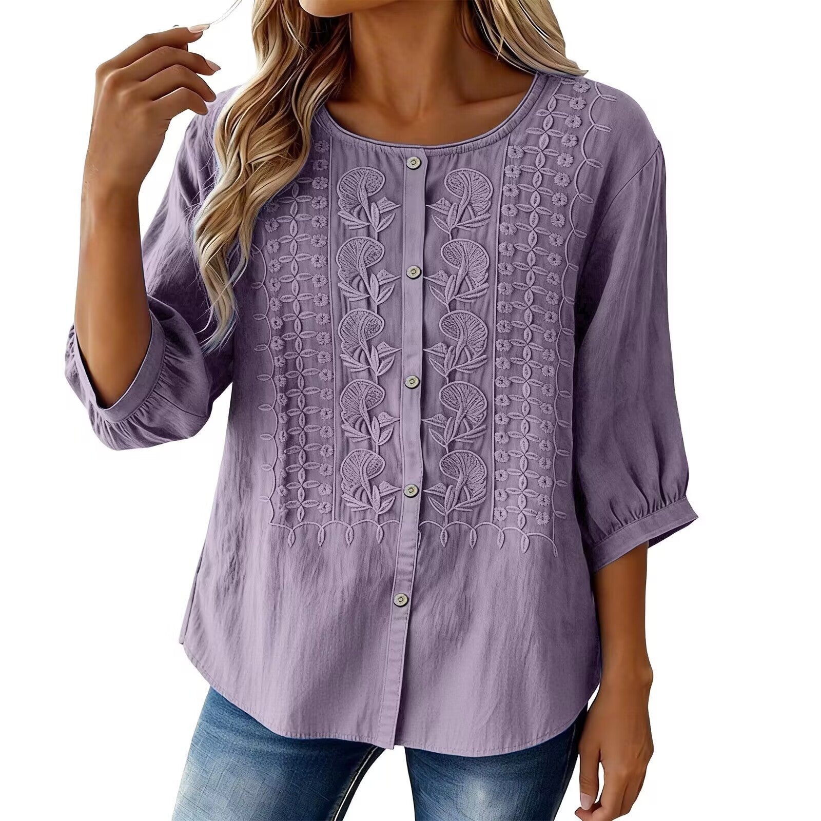 Besticktes V-Neck Shirt aus Baumwoll-Leinen-Mix