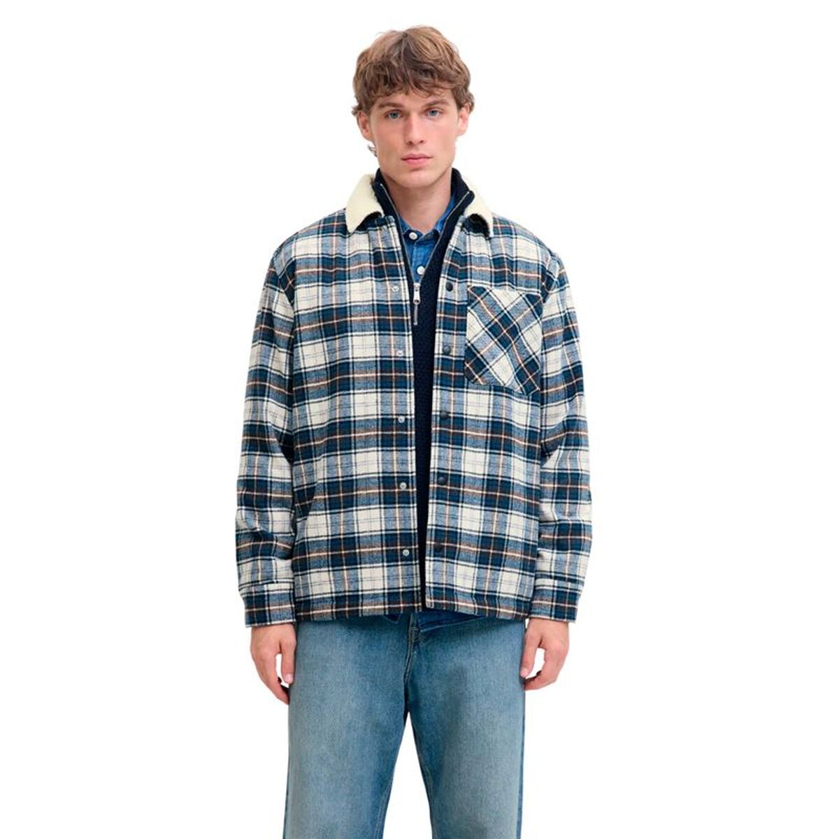 Herren Langarm-Hemd Jack & Jones Jjzac Teddy Overshirt Ls Dunkelblau