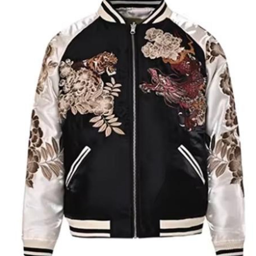 Baseball Bomberjacke mit Drachen- und Tigerstickerei