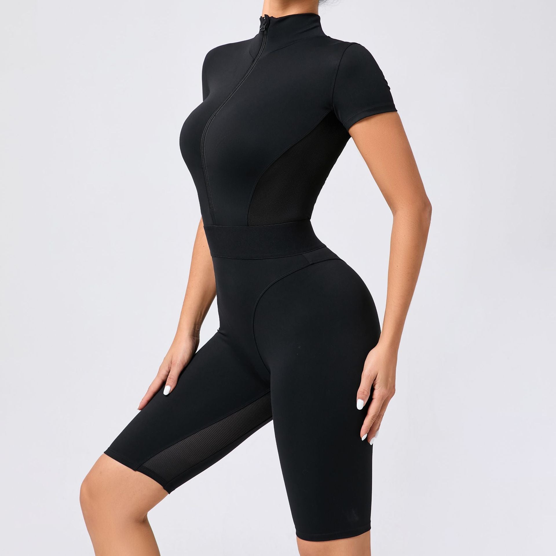 Yoga-Jumpsuit mit Reissverschluss und kurzem Arm
