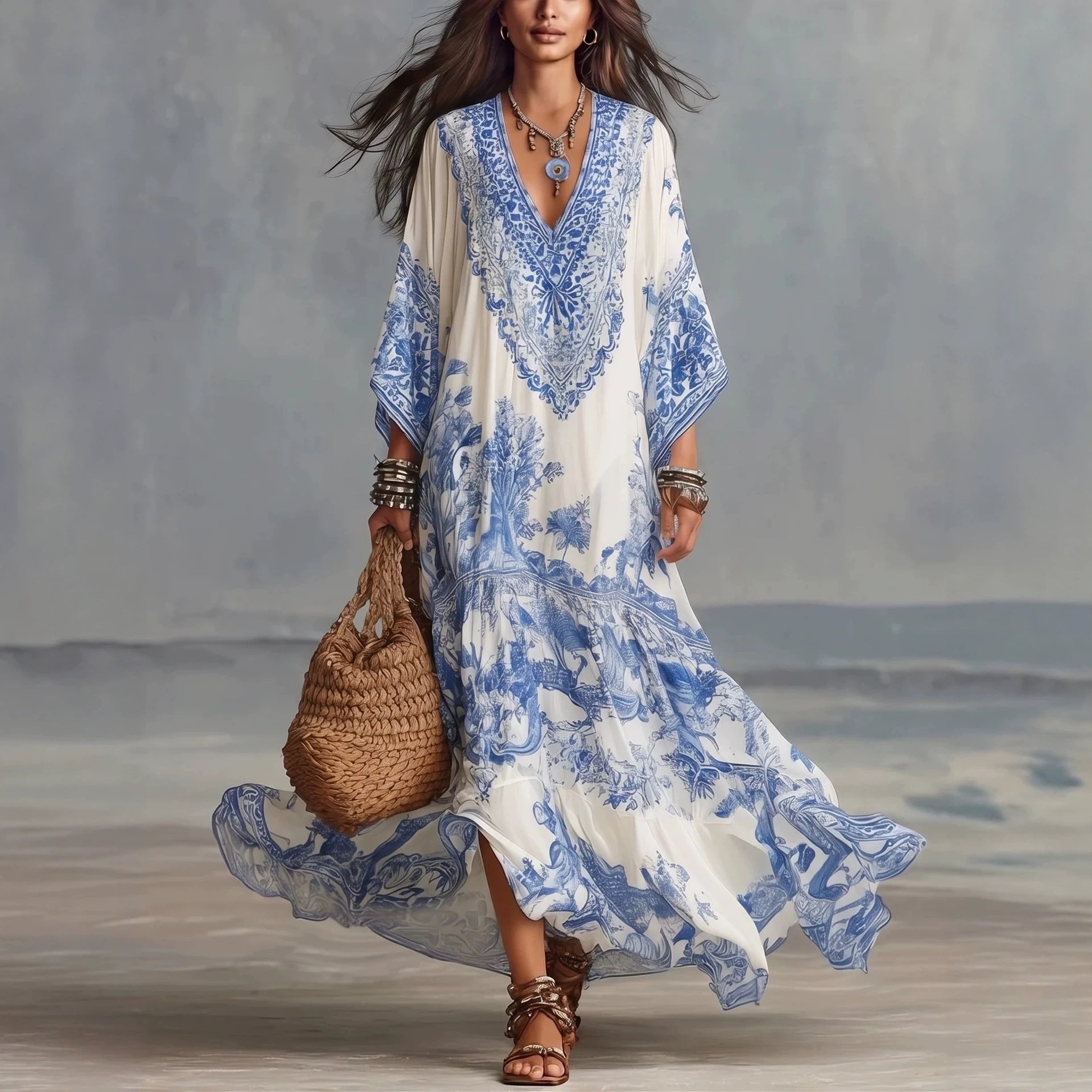 Boho Maxi-Kleid mit V-Ausschnitt und Fledermausärmeln