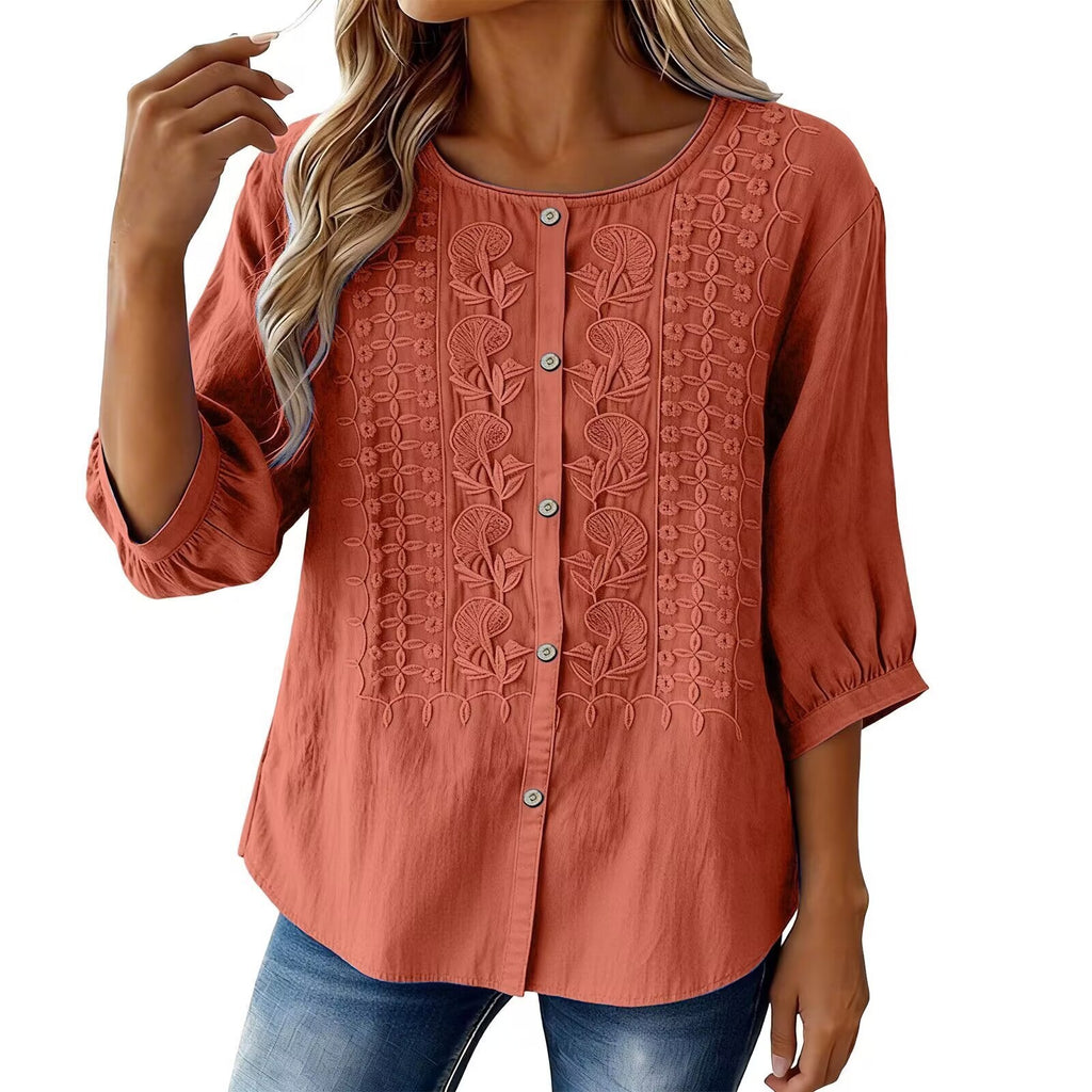 Besticktes V-Neck Shirt aus Baumwoll-Leinen-Mix