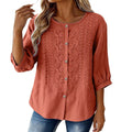 Besticktes V-Neck Shirt aus Baumwoll-Leinen-Mix