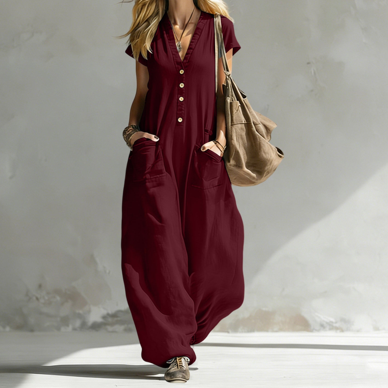 V-Ausschnitt Kurzarm-Jumpsuit für Damen