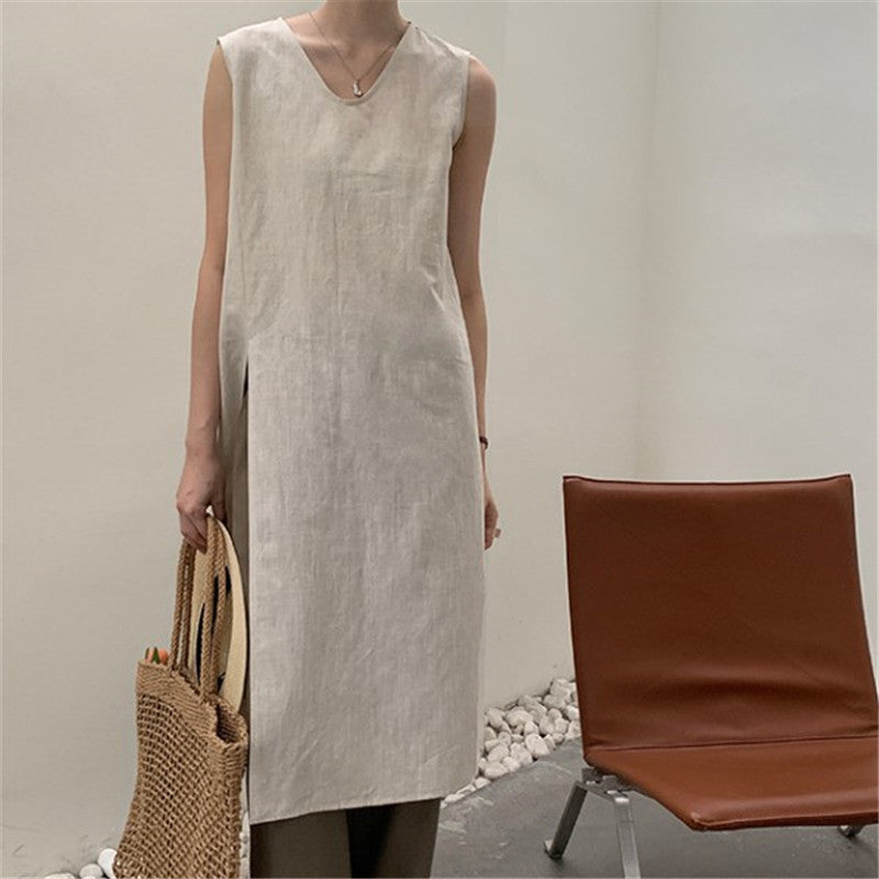 Ärmelloses V-Neck Tank Dress aus Baumwoll-Leinen