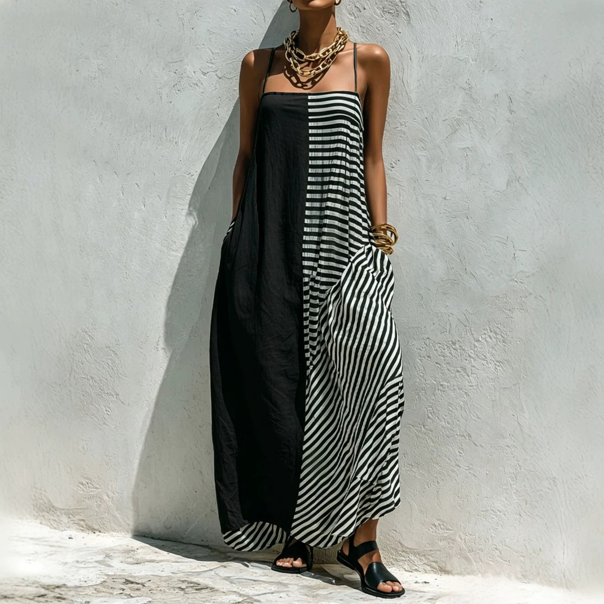 Gedrucktes gestreiftes ärmelloses langes Kleid – Bild 2 | LuxeStyle