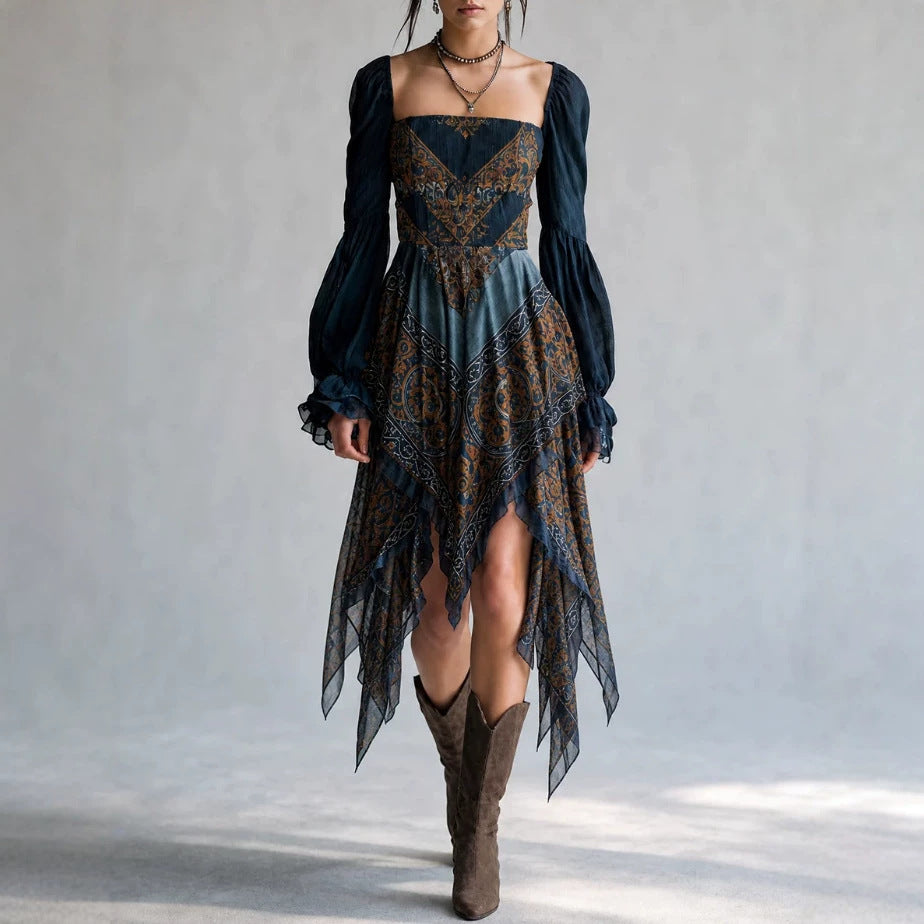 Mittelhohes, langärmliges Patchwork-Midikleid – Bild 2 | LuxeStyle