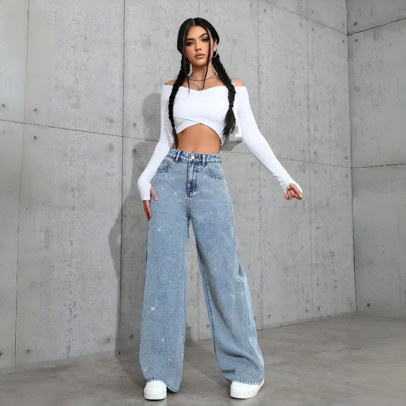 Weite Mid-Waist Jeans mit Rhinestones