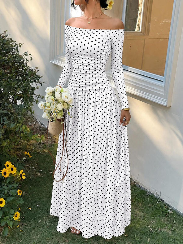 Off-Shoulder Polka-Dot Maxikleid