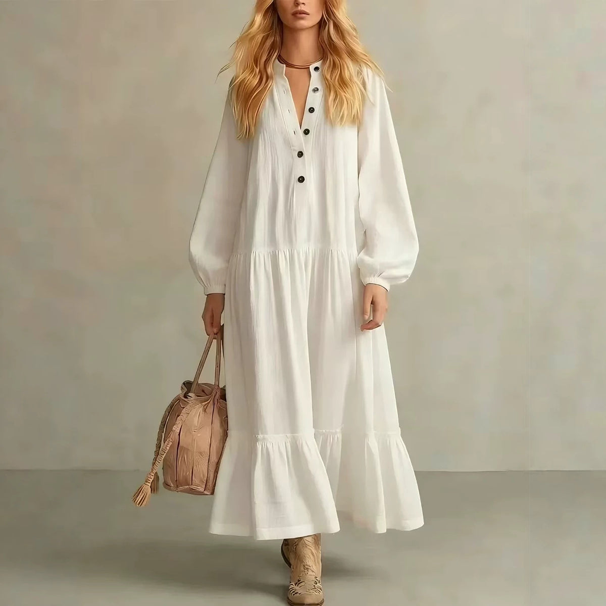 Langes Baumwoll-Leinenkleid mit Stehkragen – Bild 10 | LuxeStyle