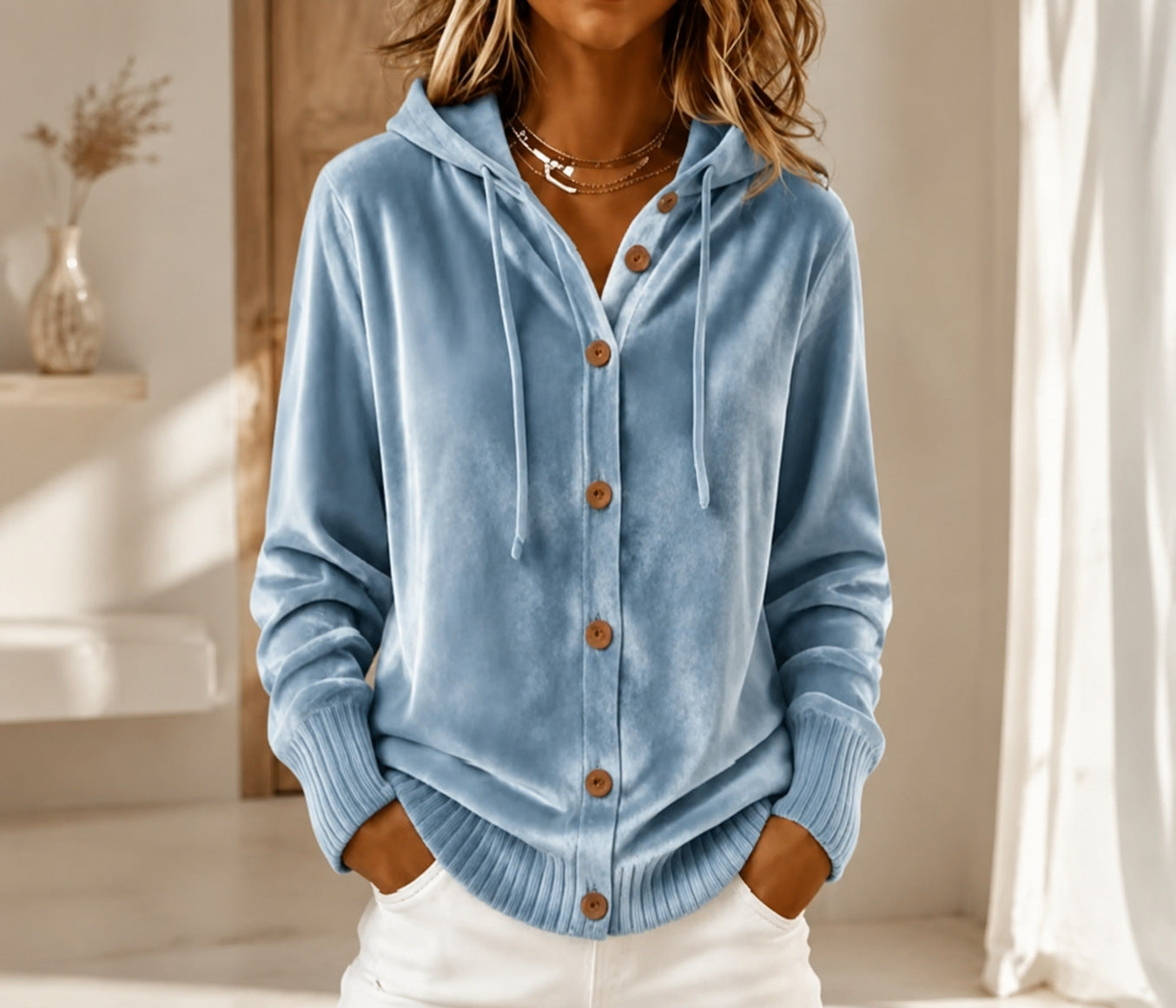 Samt-Cardigan mit Kapuze und Knöpfen – Ansicht 5
