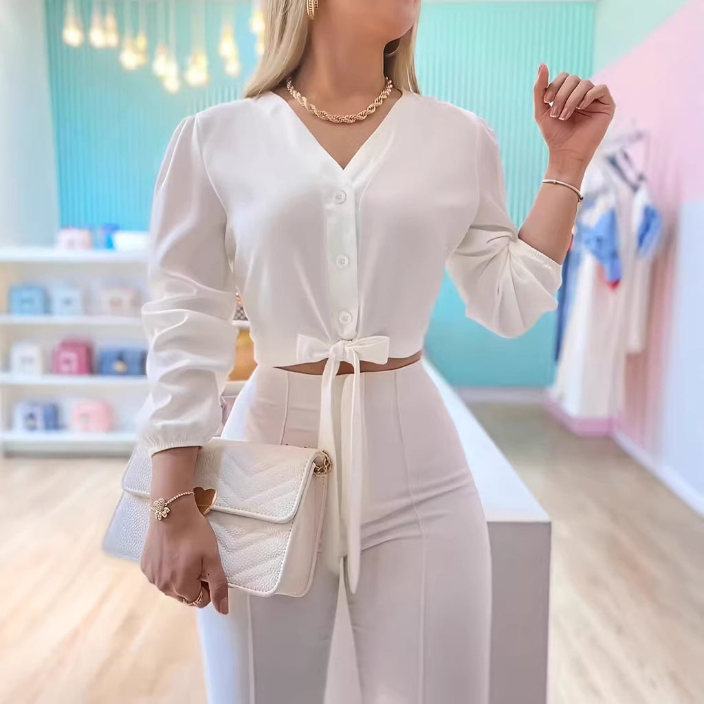 Geraffte Cropped-Bluse mit Puffärmeln