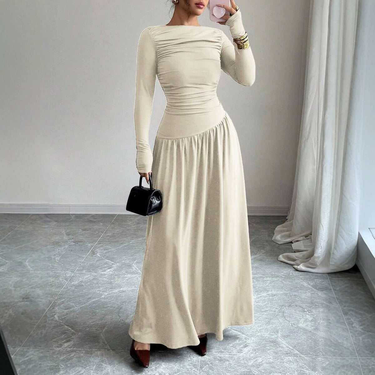 Langes Maxikleid mit hoher Taille und Off-Shoulder – Bild 4 | LuxeStyle