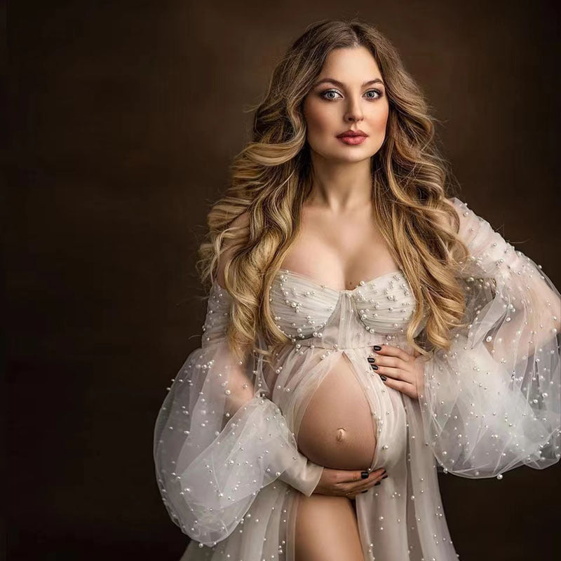 Umstands-Maxikleid mit Schnürung & Perlen – Bild 5 | LuxeStyle