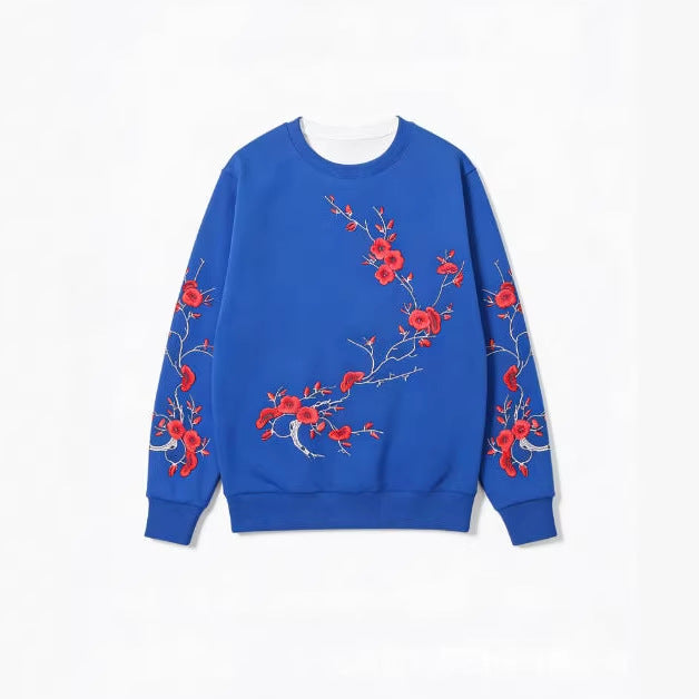 Schwarzes Sweatshirt mit rotem Pflaumenmuster