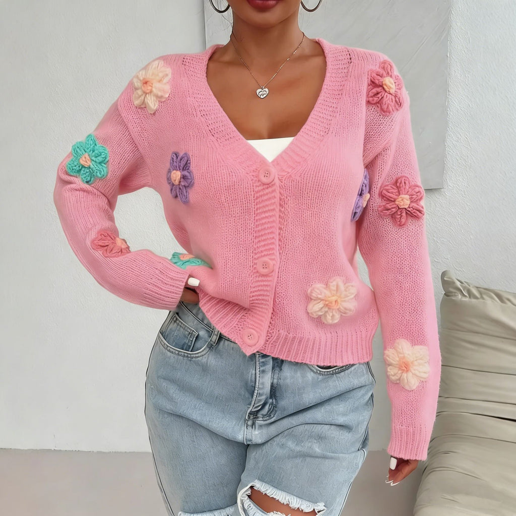 Strick-Cardigan mit 3D-Blumen und Stickereien