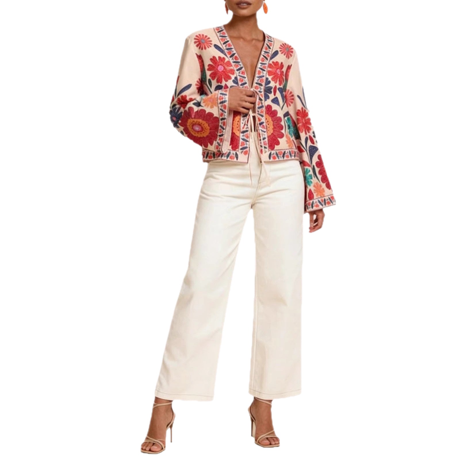 Boho-Jacke «Fiore» · Blüten-Stickerei, Bindeband