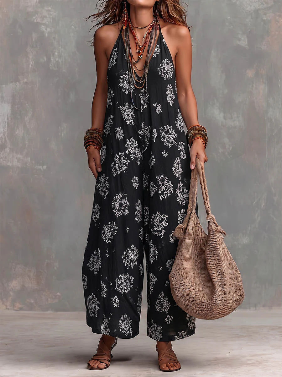 Ärmelloser Jumpsuit mit V-Ausschnitt und Print