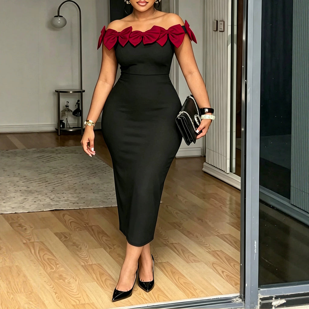 Schwarzes Bodycon-Kleid mit Schulterfrei und Schleife | LuxeStyle