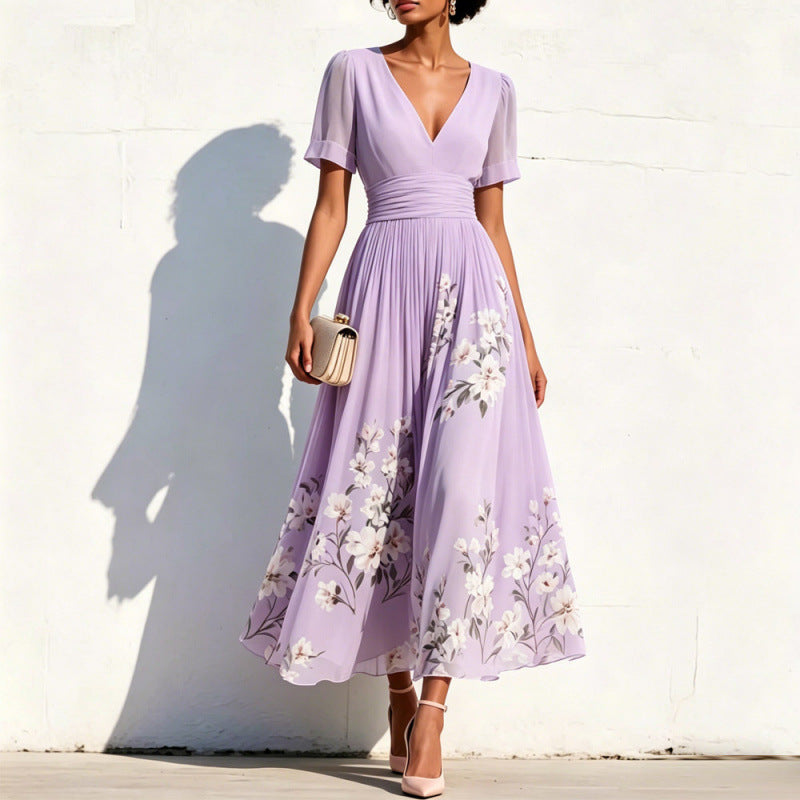 Lange Blumen-Kleid mit V-Hals