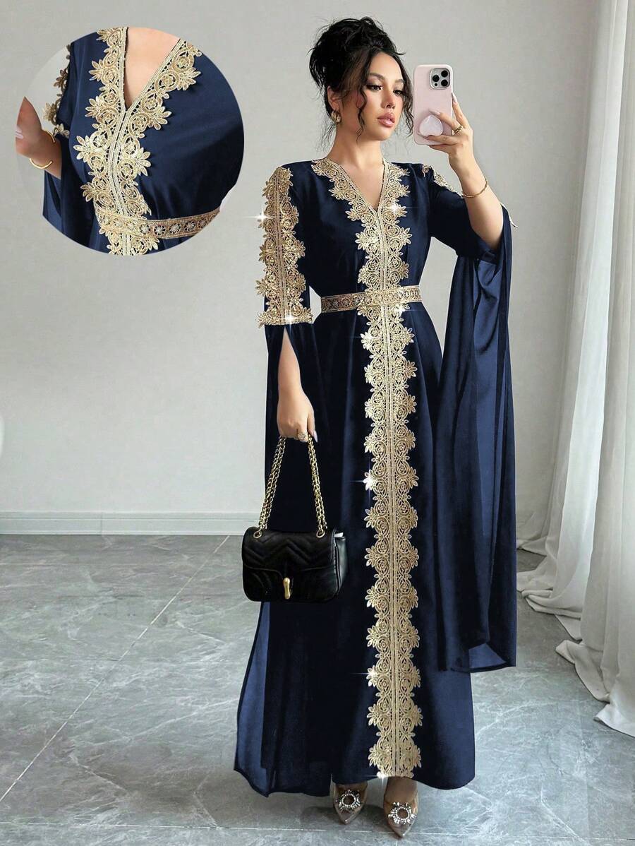 Besticktes V-Ausschnitt Maxikleid