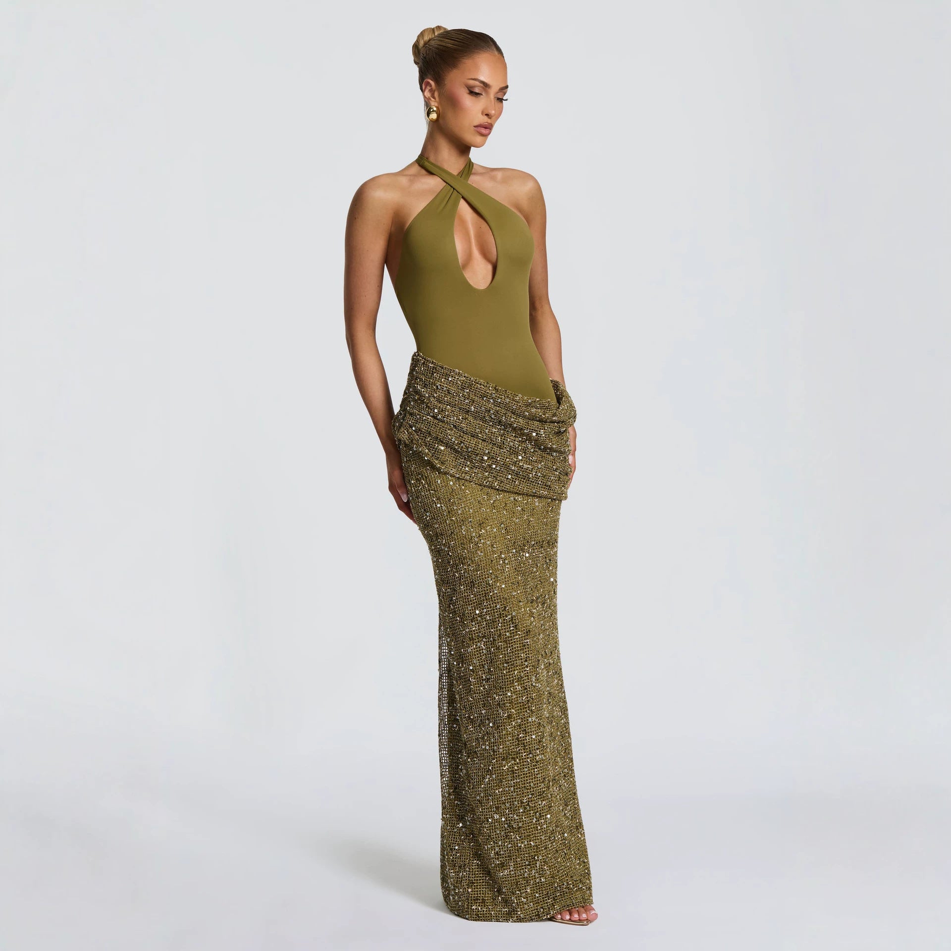 Pailletten Neckholder Maxikleid