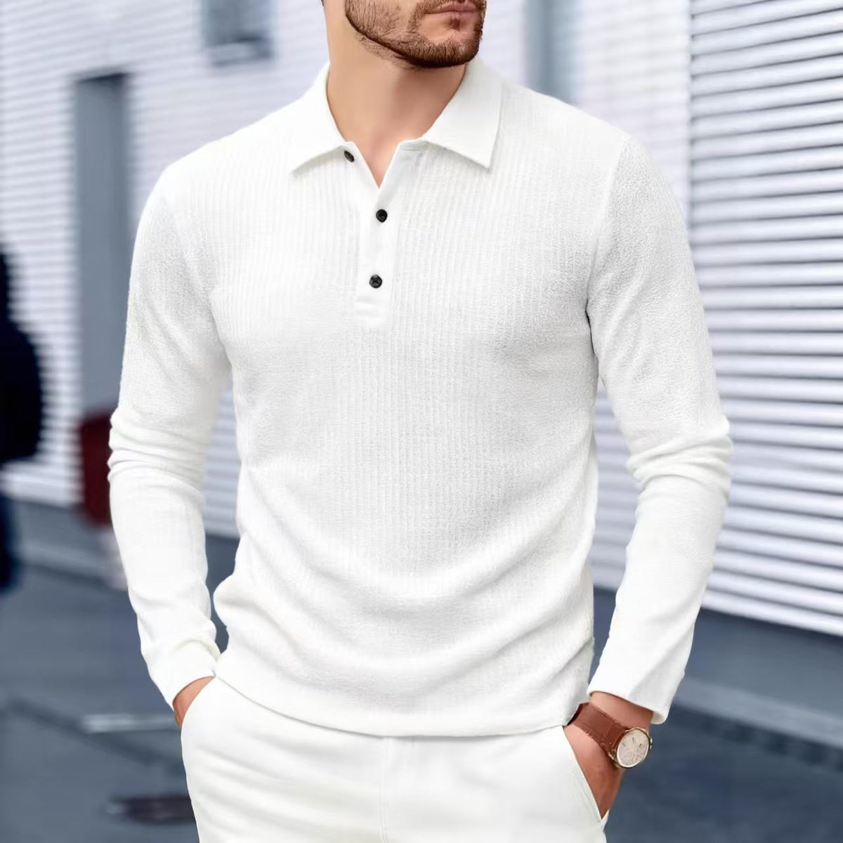 Langärmliges Polo-Shirt in Weiss – Bild 2 | LuxeStyle