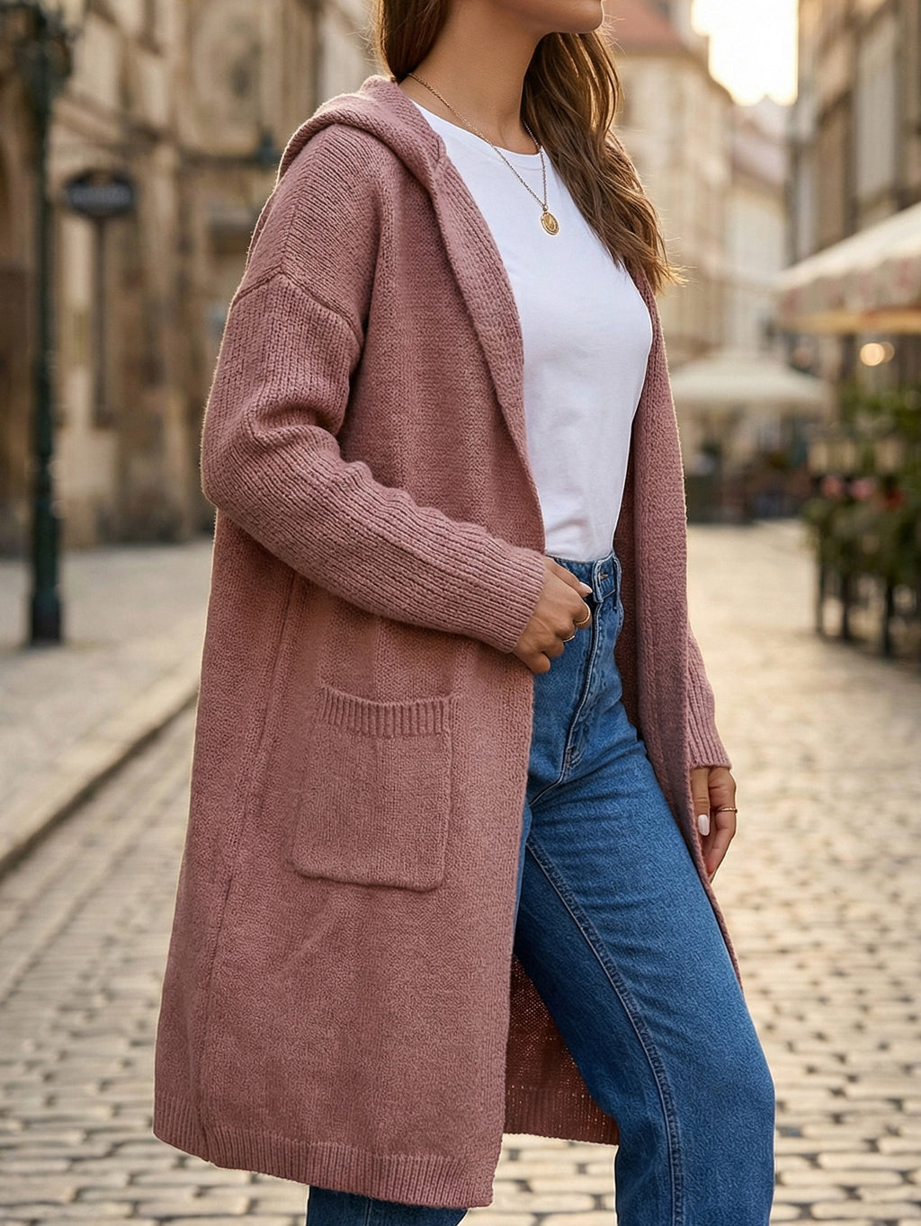 Leichter, bügelfreier Hoodie-Cardigan mit seitlichen Taschen