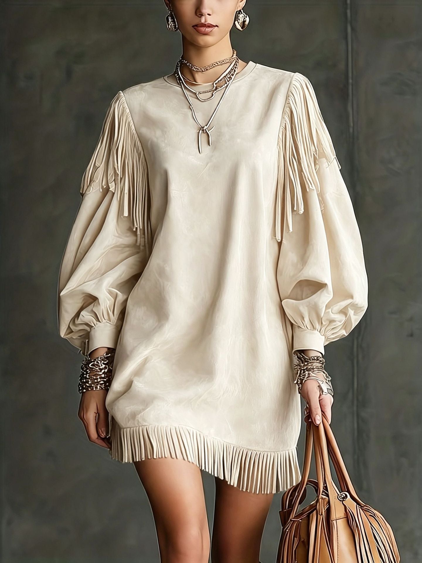 Damen Kurzarmkleid mit Lanternenärmeln und Fransen