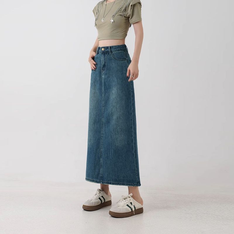 High-Waist A-Linien Midi-Jupe aus Denim – Ansicht 4