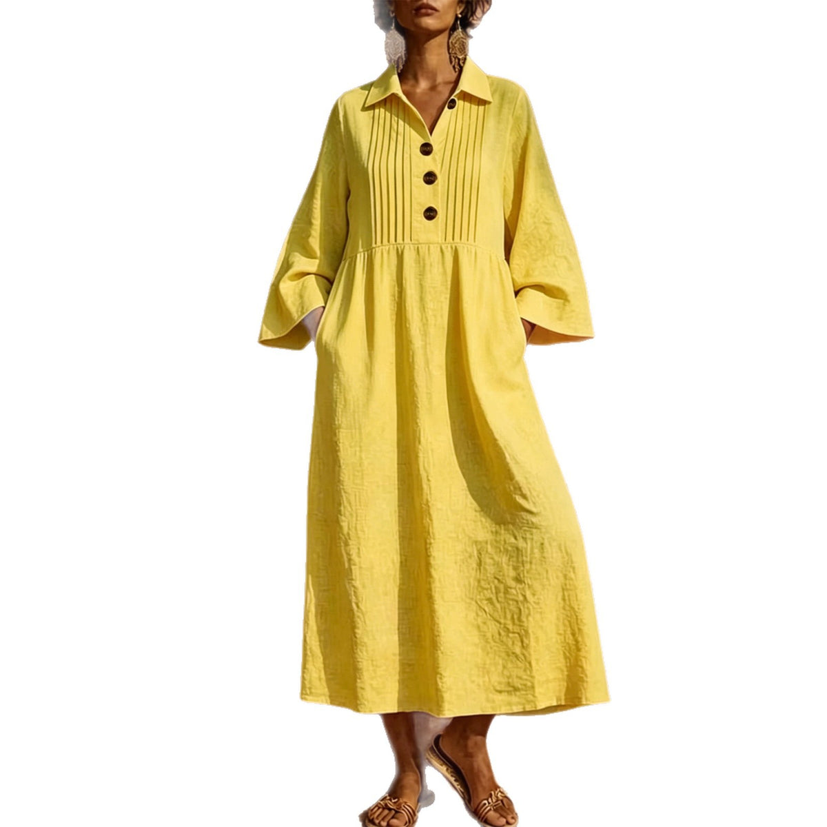 Langes V-Neck Freizeitkleid mit Knopfleiste – Bild 6 | LuxeStyle