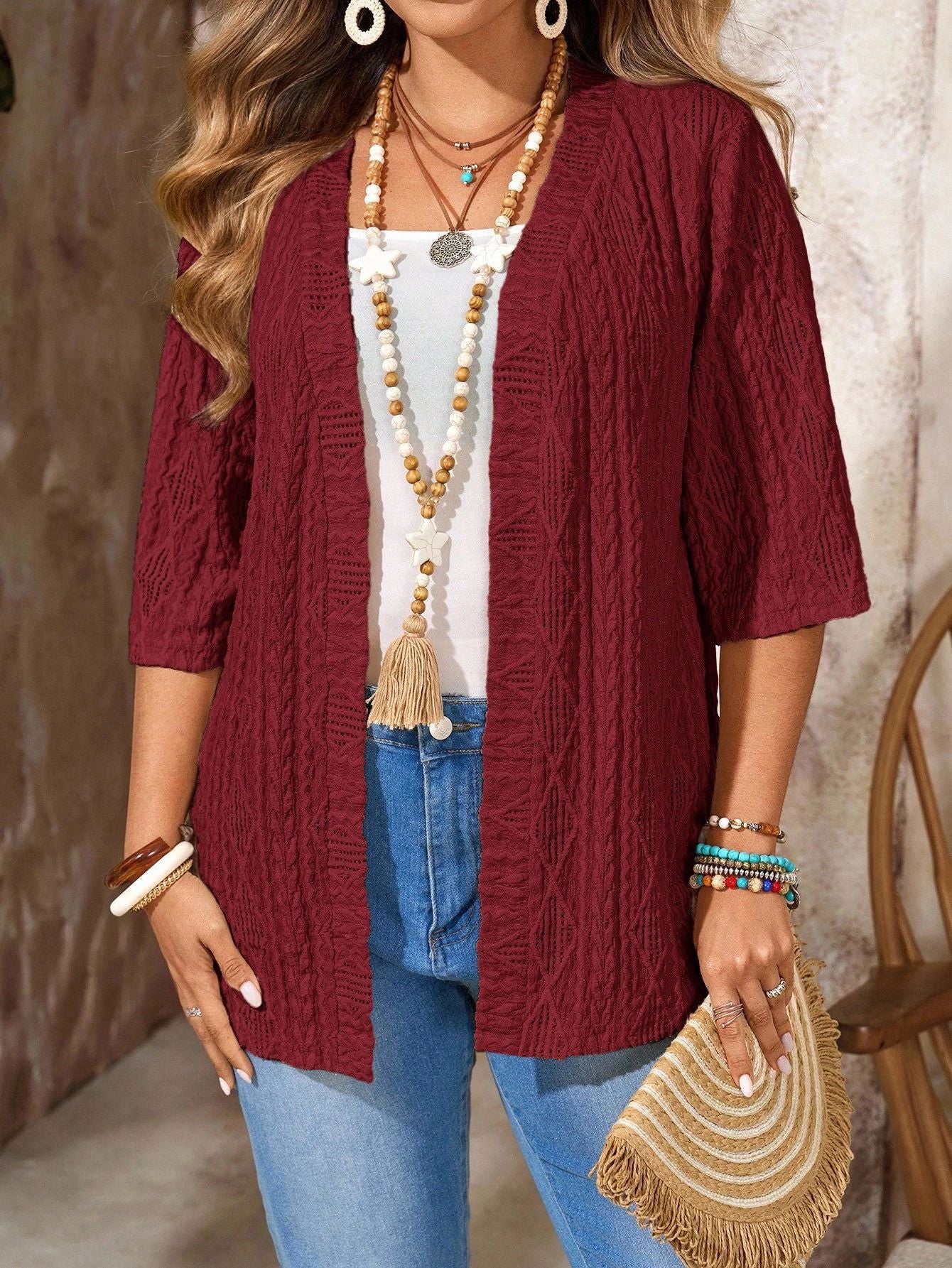 Cardigan mit Lochmuster und Rüschen