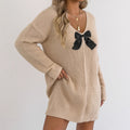 Damen Strickkleid mit V-Ausschnitt und Schleife