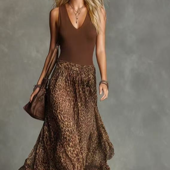 Leoparden-Maxikleid mit V-Ausschnitt