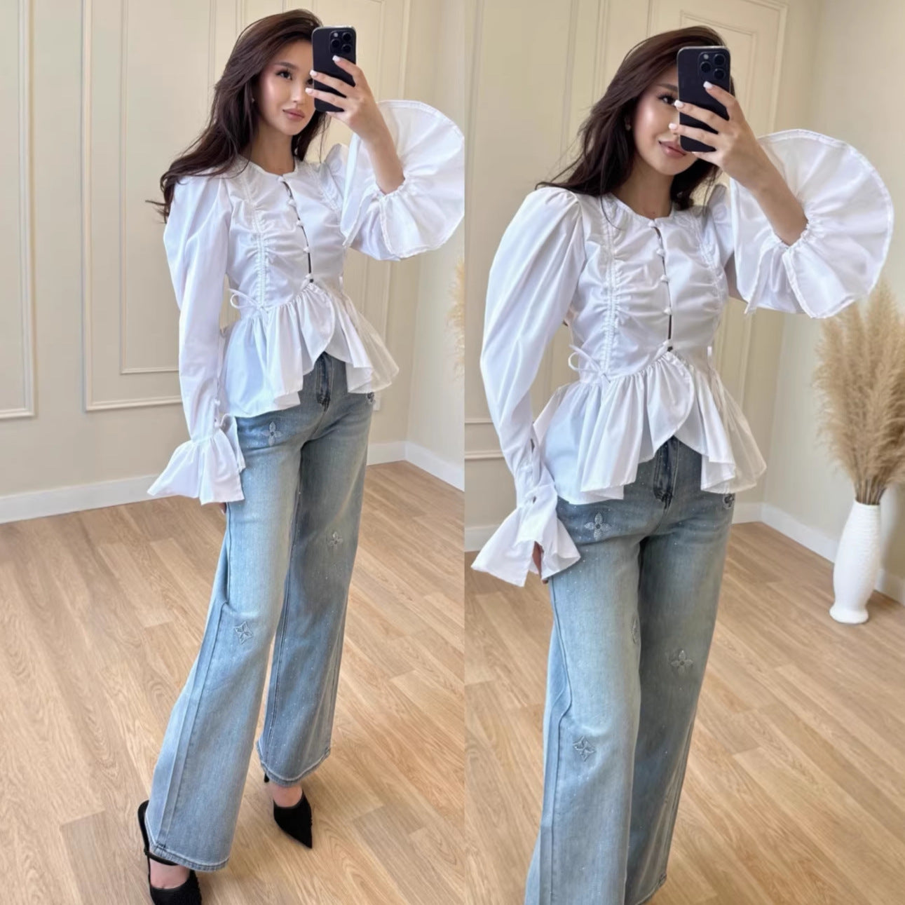 Elegante Damenbluse mit Rüschen und Knopfleiste