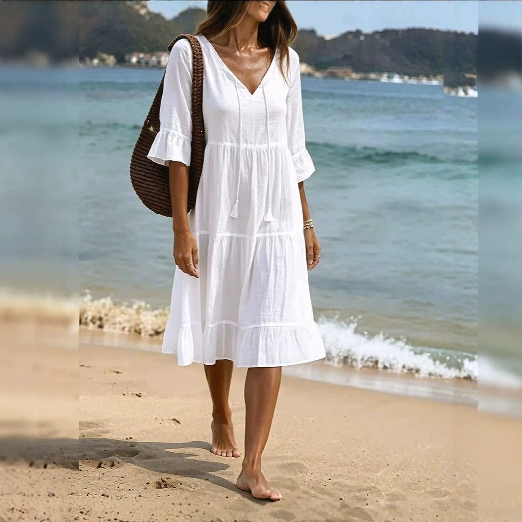 Strandkleid «Maré» · Boho-Midi mit Volants & Quasten