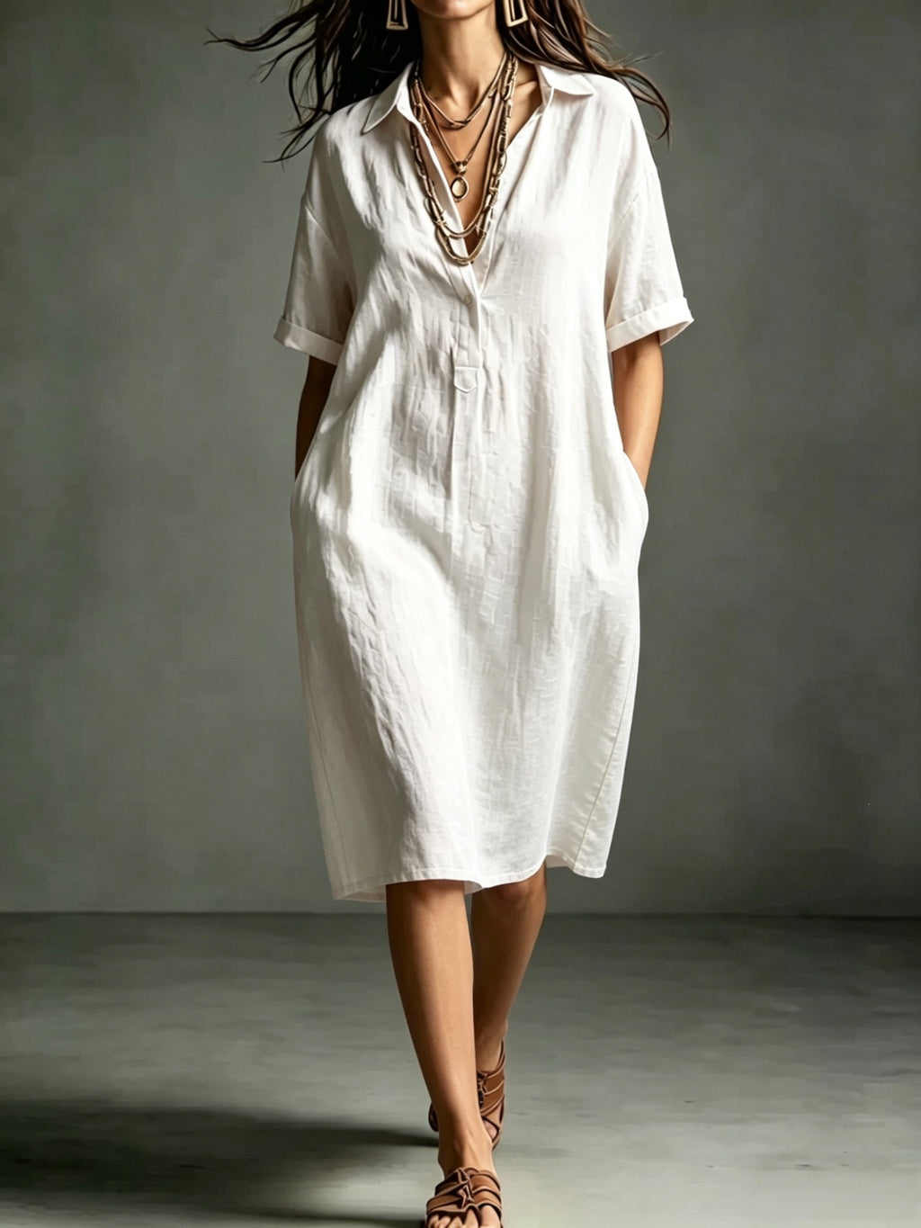 Ärmelloses V-Neck Kleid mit Taschen